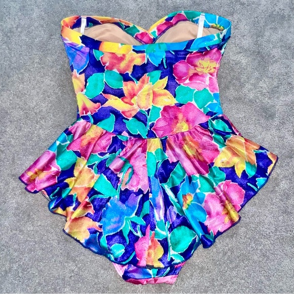 VTG 80’s Vibrant Colorful Floral Print Skirted One Piece Strapless Swimsuit - Picture 5 of 10